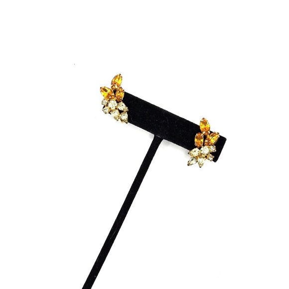 SHERMAN signed Citron and Gold Swarovski Gold Plated Screwback vintage Earrings - Picture 3 of 6